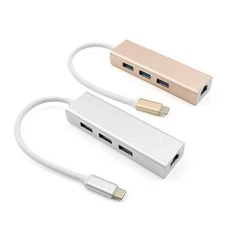USB-C mus rau 3 Ports USB 3.0 Hub nrog Gigabit Ethernet Adapter thiab LAN Wired Network Converter rau hom-C Devices Tshiab Macbook 2017, Chromebook Pixel